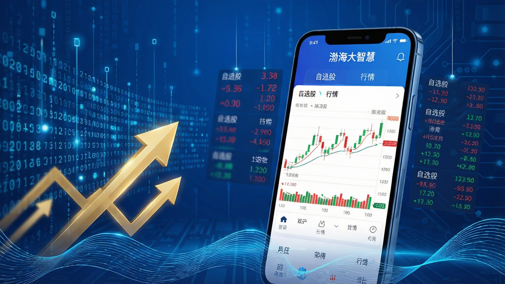 主体:渤海大智慧APP界面悬浮在科技感背景上,展示股票K线图和红绿数据。布局:中央偏右放置手机模型,屏幕显示软件主界面,左侧有抽象的数字流与金色箭头,底部有波浪线。排版:手机模型突出,周围留白,数据元素有序环绕。风格:现代金融科技风,蓝色主调,高光质感。细节:界面需清晰显示“渤海大智慧”字样和“自选股”、“行情”等标签。画质:8K高清,干净,无多余元素。