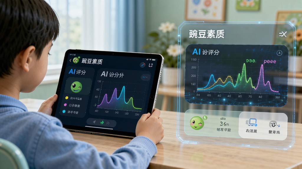 画面主体为“豌豆素质”AI辅导功能演示,一个孩子正对着平板电脑进行口才练习,屏幕上显示AI评分与发音分析图谱。布局采用场景化展示,左侧是孩子学习状态,右侧是数据面板。风格科技感十足,色彩明亮,细节丰富,画质高清。