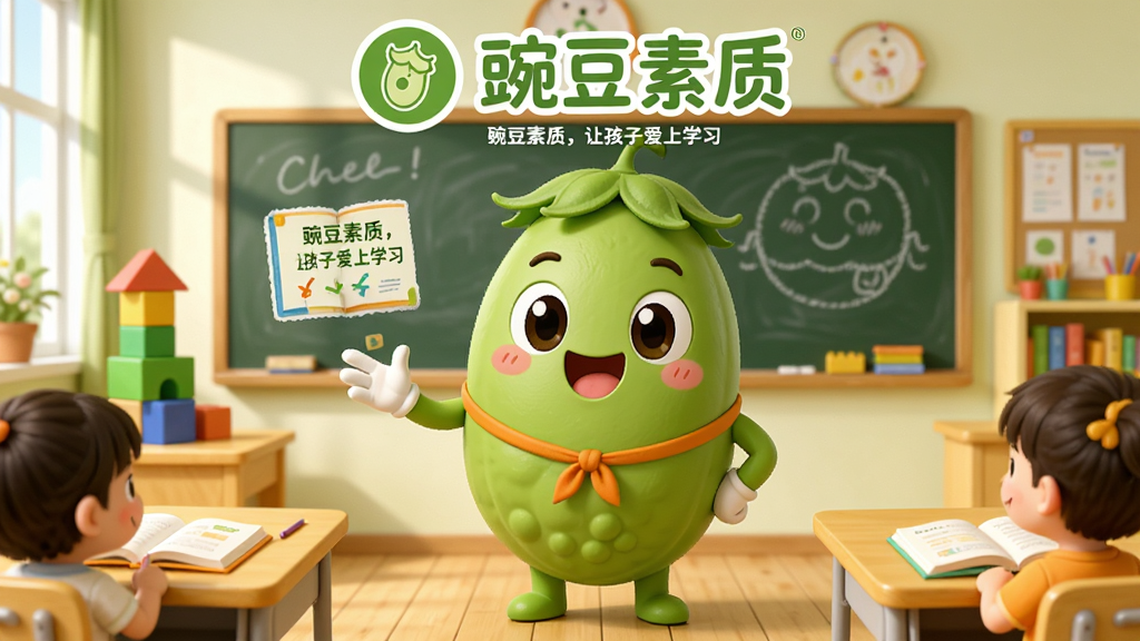 画面主体为“豌豆素质”品牌形象,一个可爱的卡通豌豆角色正微笑着引导孩子们学习,背景是明亮活泼的教室场景,有黑板、积木、书本等元素。布局采用居中构图,品牌标识与宣传语“豌豆素质,让孩子爱上学习”醒目呈现。整体风格清新明快,色彩以绿色和橙色为主,画面干净无多余元素,细节丰富,画质高清。
