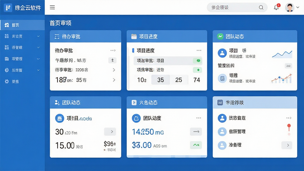 绛企云软件主界面预览图,展示企业办公管理软件的首页看板布局,包含待办审批、项目进度、团队动态等模块卡片,整体界面采用蓝白商务风格,扁平化设计,图标清晰,排版整齐,画质干净,无多余元素