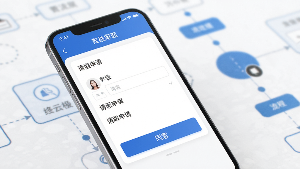 绛企云审批功能界面示意图,画面展示手机上的审批操作页面,包含请假申请表单和同意按钮,背景有流程节点示意图,风格简洁商务,蓝白配色,UI细节精致,画质干净