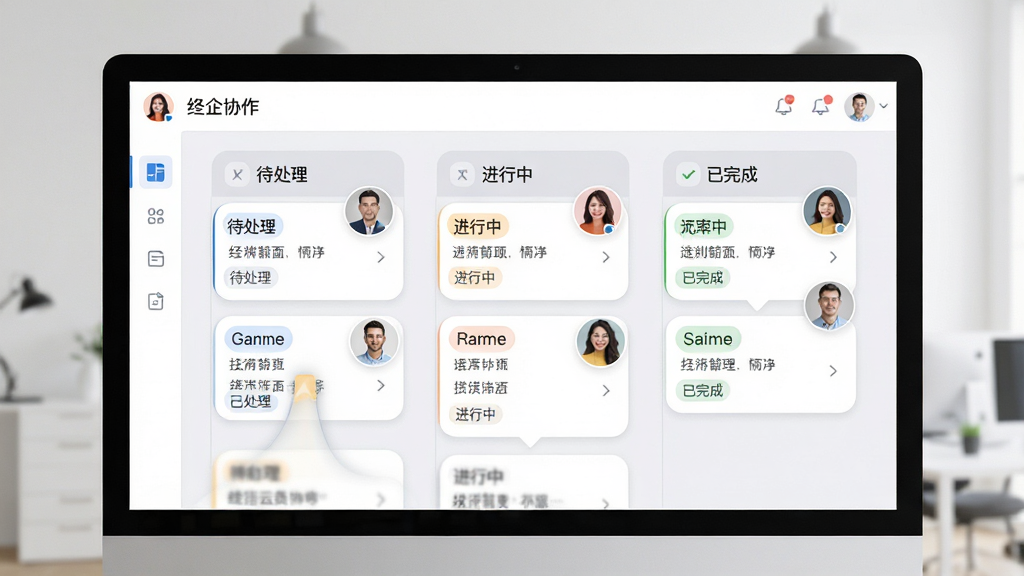 绛企云任务协作看板展示图,电脑屏幕上显示多列任务卡片拖动效果,包含“待处理”、“进行中”、“已完成”列,成员头像悬浮在卡片上,界面采用浅灰色背景,圆角卡片设计,现代商务风格,画质干净