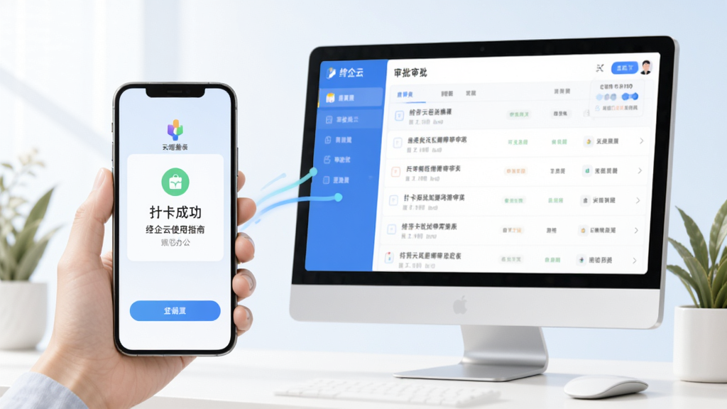 绛企云使用指南示意图,画面展示手机和电脑同时登录绛企云云端办公的场景,手机屏幕上有打卡成功提示,电脑屏幕有审批列表,整体风格明亮清新,线条流畅,画质干净