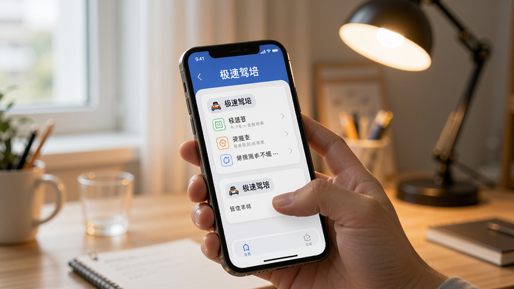 一张现代风格的手机使用场景图,画面中一只手正拿着手机,屏幕上显示着“极速驾培”的错题本界面,背景是模糊的书桌和台灯,画面温馨,重点突出手机屏幕内容,光线自然,清晰度高,干净无多余元素。