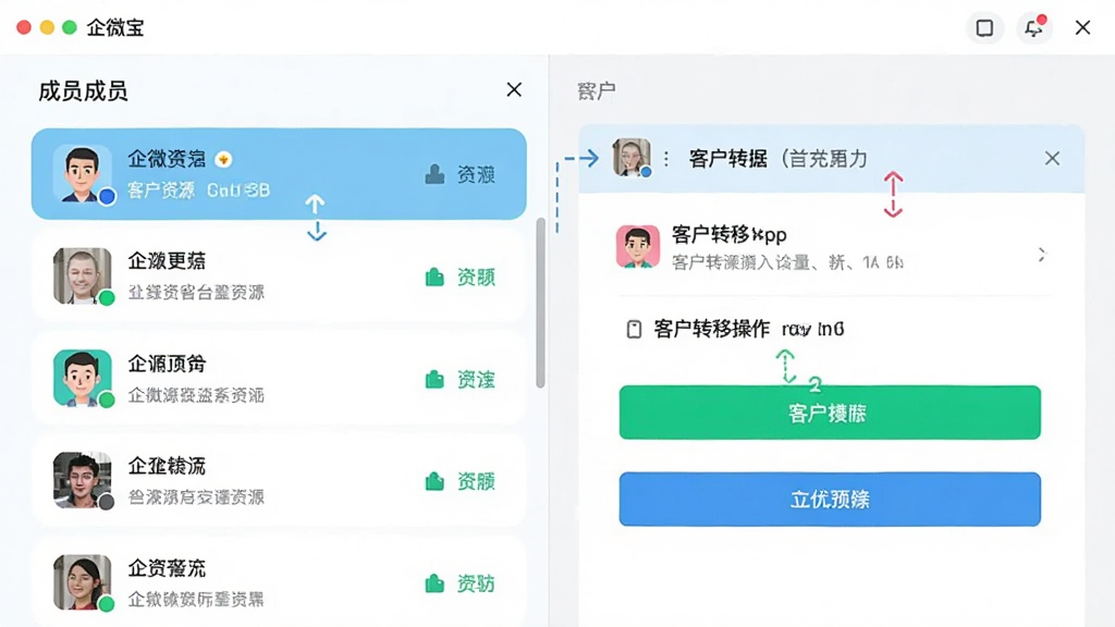 企微宝客户资源分配功能预览图,画面左侧为成员列表,右侧展示客户转移操作面板,扁平化设计风格,色彩清新,界面标注清晰,画质干净。