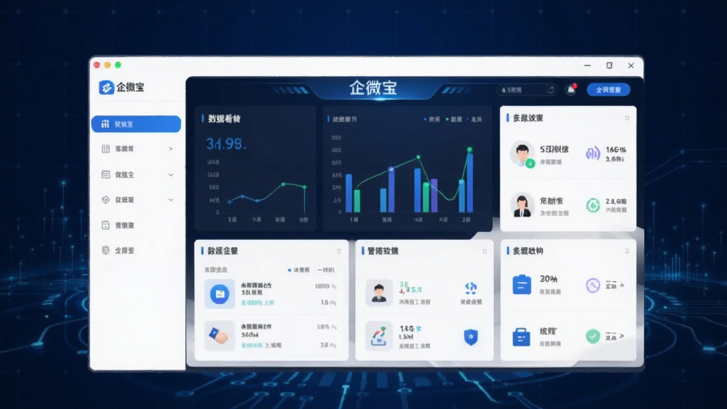 企业微信管理软件企微宝的主界面截图展示,深蓝色科技感背景,界面中央显示清晰的数据看板与功能图标,整体风格商务简洁,画质干净,无多余元素。