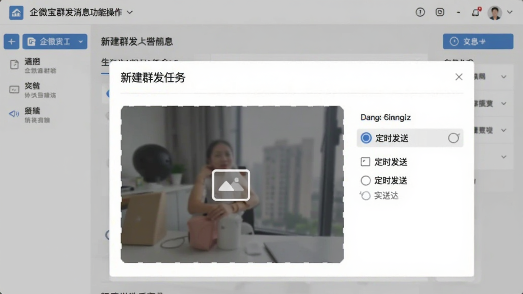 企微宝群发消息功能操作界面截图,展示新建群发任务的编辑框,包含图片上传区域和定时发送选项,背景为浅灰色工作台,风格专业清晰,画质干净。