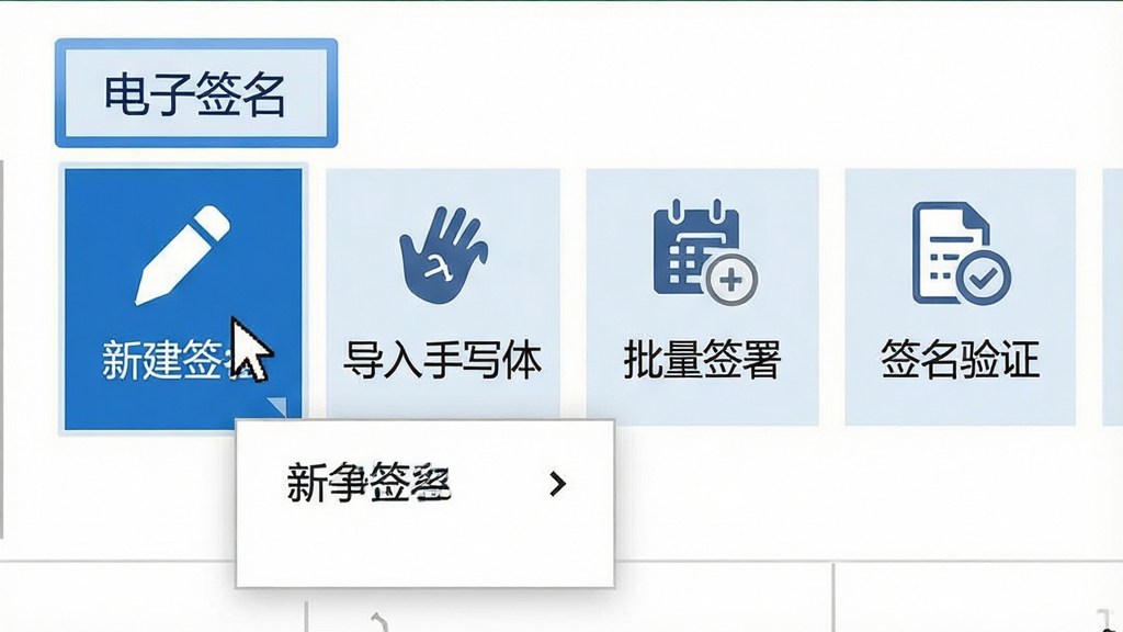 画面主体为Excel功能区截图,高亮显示“电子签名”选项卡下展开的多个功能按钮,包括“新建签名”“导入手写体”“批量签署”“签名验证”等;布局采用横向菜单栏特写,鼠标悬停在“新建签名”按钮上弹出下拉菜单;风格为扁平化UI设计,配色以蓝白为主;细节处每个图标下方有中文文字标注,整体界面清晰直观;画质高清,色彩协调,无多余元素。