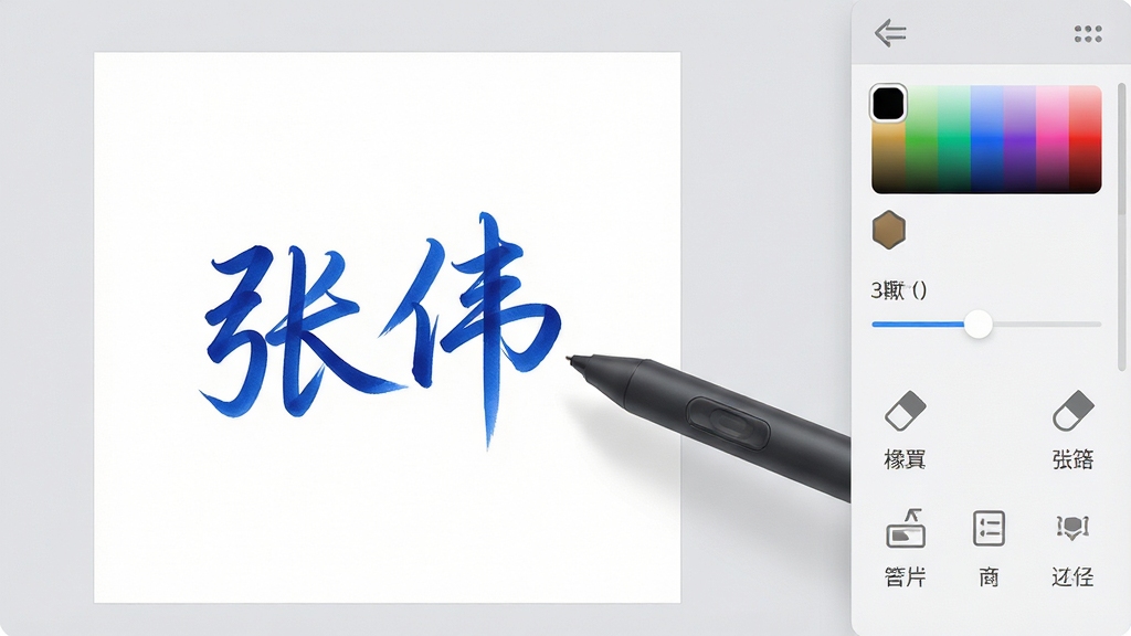 画面主体展示签名创建界面,左侧为空白画布区域,中间有一支电子笔正在书写“张伟”二字,右侧为笔迹设置工具栏,包含颜色选择器、粗细滑块、橡皮擦等;布局为左右结构,整体界面呈浅灰色商务风格;细节上,书写笔迹带有蓝色墨迹和流畅的压感变化,工具栏图标下方有中文提示标签;画质高清,干净明亮,无多余元素。