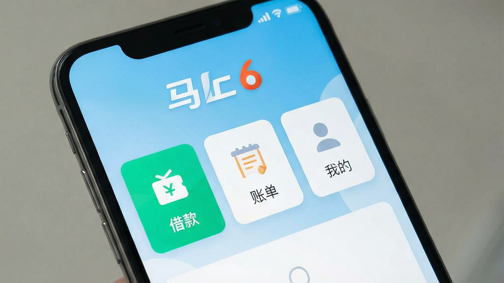 一张智能手机屏幕展示“马上6”APP的主界面,界面风格简洁现代,顶部显示“马上6”品牌标识,下方排列着“借款”、“账单”、“我的”等核心功能卡片,背景为浅蓝色渐变,整体布局清晰,色彩明亮,画质干净,无多余元素