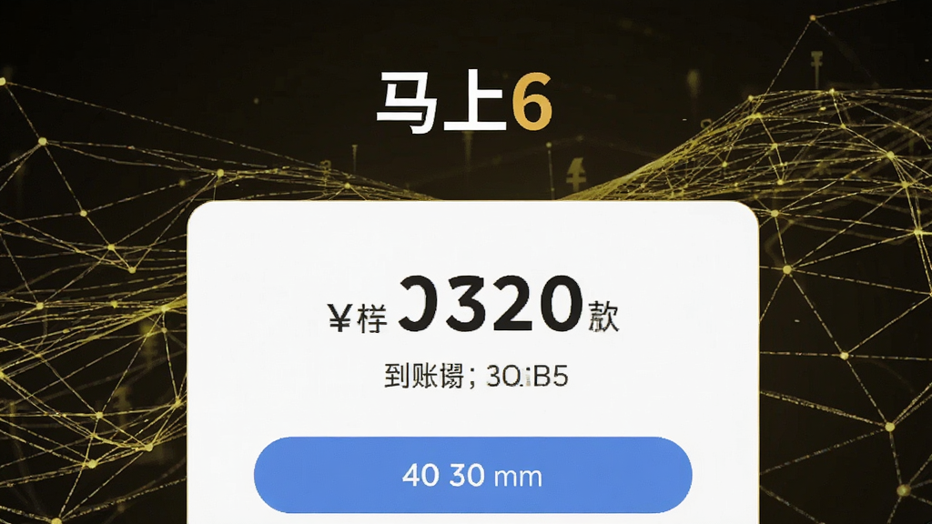 一张“马上6”APP借款成功页面截图,显示放款金额、到账时间,背景为抽象金色线条网络,寓意资金快速流转,整体风格科技感强,画面简洁,字体清晰,画质高,无多余元素