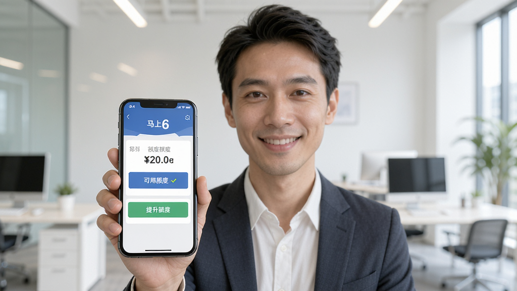 一位用户手持手机打开“马上6”APP,屏幕显示额度评估结果页面,带有“可用额度”“提升额度”按钮,人物表情满意,背景为干净明亮的办公环境,画面清晰,构图居中,风格写实,画质细腻,无多余元素