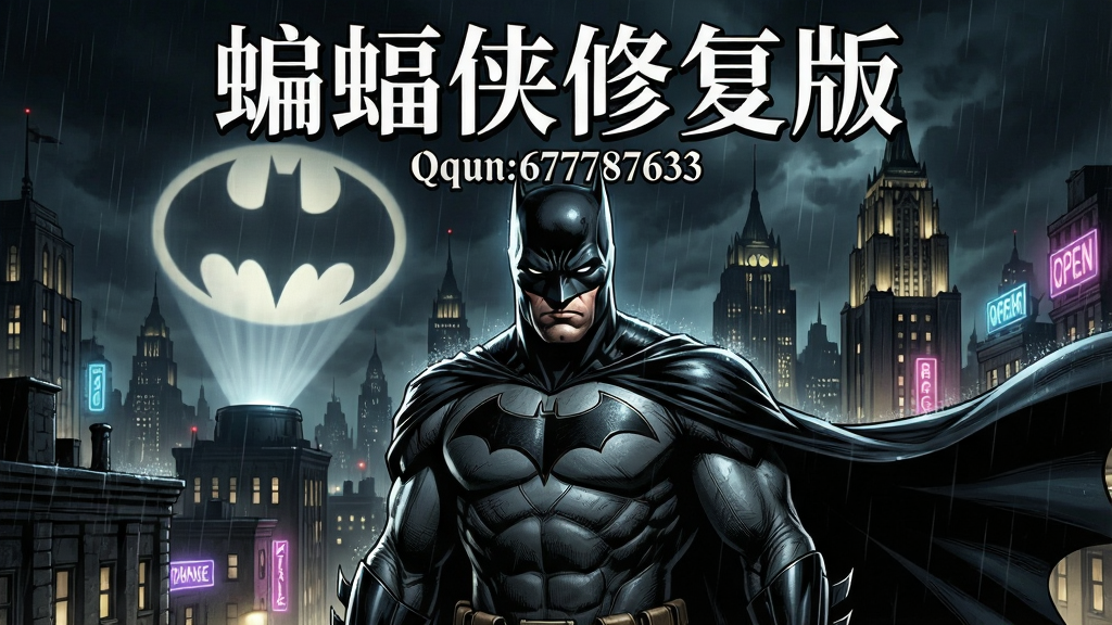 主体:蝙蝠侠修复版游戏主界面,蝙蝠侠站在哥谭市楼顶俯瞰城市夜景;布局:画面中央展示蝙蝠侠半身像,背景为哥谭市标志性建筑与蝙蝠灯投影;排版:游戏标题“蝙蝠侠修复版”以哥特字体置于画面顶部,下方小字“Qqun:677787633”;风格:写实美漫风格,暗色调,高对比度,光影细节丰富;细节:蝙蝠侠战衣纹理清晰,披风飘动,雨滴效果,远处霓虹灯闪烁;画质:4K高清,电影级渲染,干净无多余元素。
