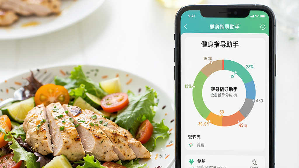 一张手机与食物摆拍图,手机屏幕显示健身指导助手App的营养分析圆环图,前景摆放着一盘色彩鲜艳的鸡胸肉沙拉,画面整体色调明亮清新,排版自然,风格写实,细节丰富,画质干净,无多余元素,展示“健身指导助手”饮食指导功能
