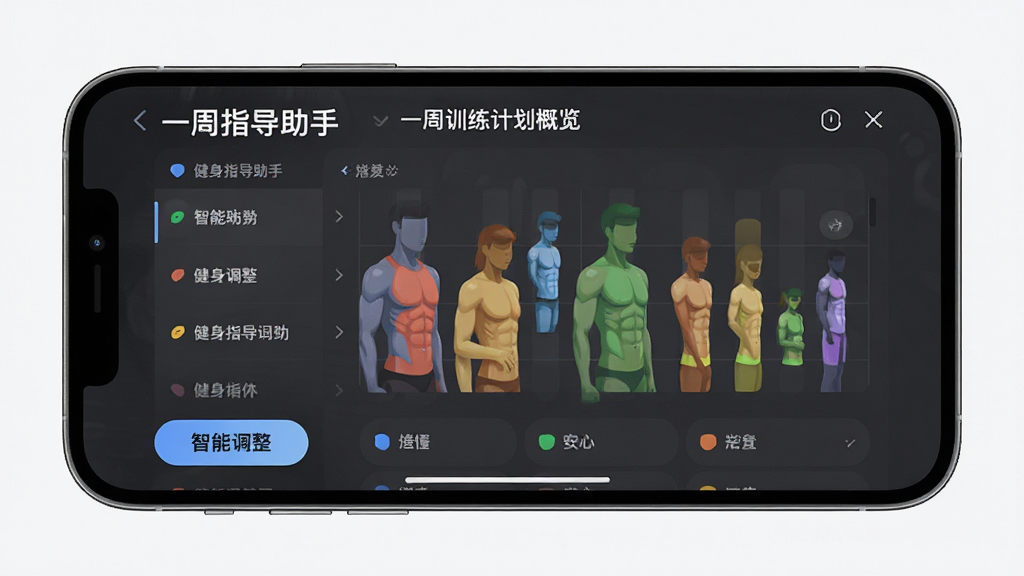 一张手机横屏界面图,健身指导助手App正在展示一周训练计划概览,界面上用不同颜色的柱状图表示训练部位,左下方有“智能调整”按钮,画面明亮,排版为列表式,风格现代,细节丰富,画质干净,无多余元素,突出“健身指导助手”个性化计划功能