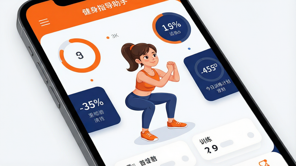 一张手机屏幕特写,展示健身指导助手App的主界面,画面中央是一个正在做深蹲的年轻女性卡通形象,周围环绕着圆形数据图表和今日训练计划卡片,界面以活力橙色和深蓝色为主色调,布局清晰,排版现代,UI设计简洁明快,4K画质,干净背景,无多余元素,展现“健身指导助手”核心全貌
