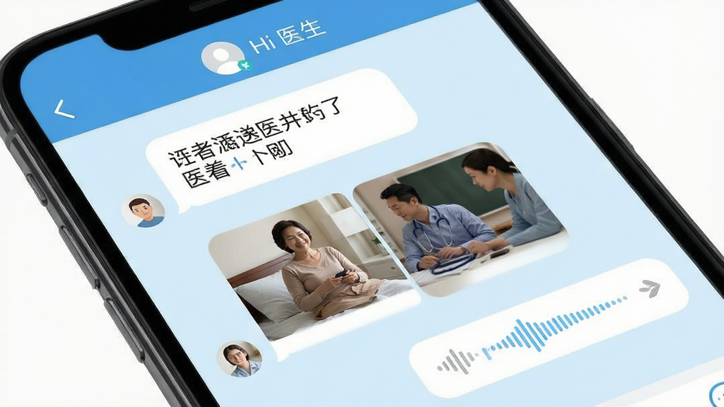手机聊天界面展示医患对话,对话中包含文字、图片和语音条,界面顶部显示
