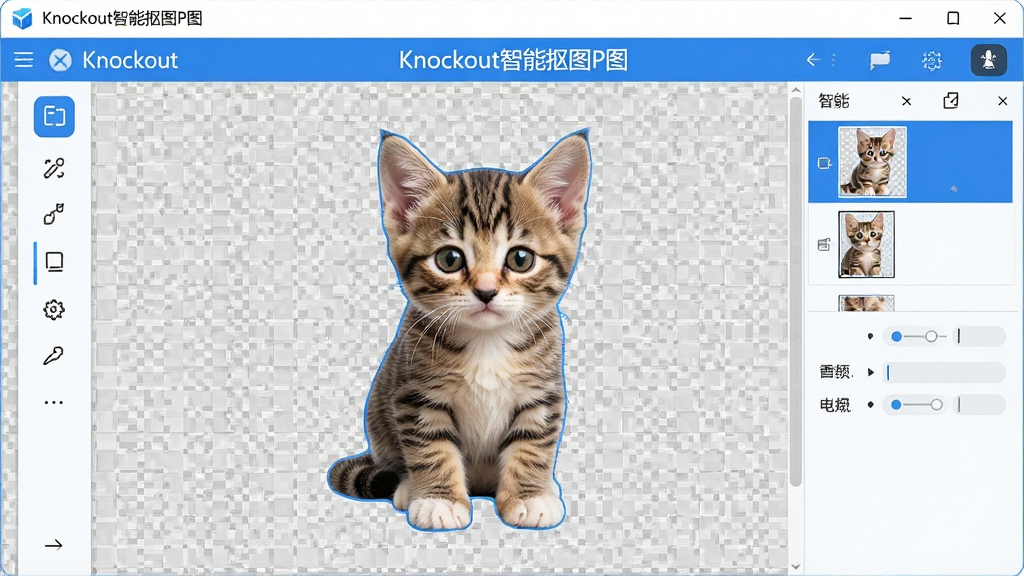 主体:Knockout智能抠图P图软件界面展示,屏幕中央有一只可爱的小猫图像被精准抠出,背景为透明网格。布局:屏幕左侧为工具栏图标,右侧为图层与属性面板,顶部为菜单栏。排版:界面干净整洁,图标清晰,面板分布均匀。风格:现代简约科技风,搭配蓝色与白色主色调,细节:画面中显示“Knockout智能抠图P图”字样,画质:高清渲染,干净,无多余元素。
