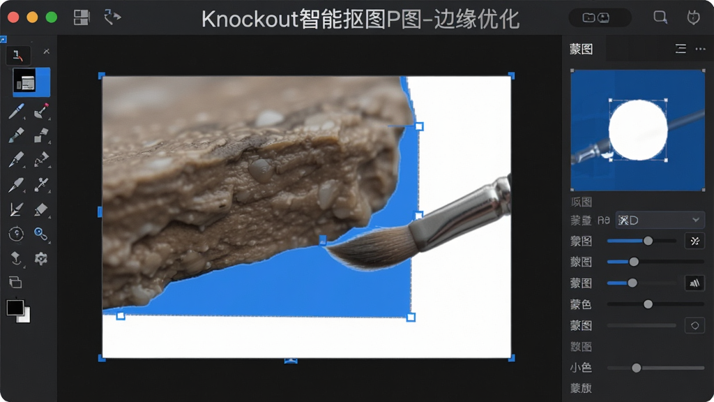 主体:软件编辑界面中,正在使用画笔工具对抠图边缘进行精细调整。布局:中央显示放大的图像边缘,左侧为工具栏,右侧为蒙版参数调节面板。排版:界面专业,工具图标清晰。风格:深色主题界面,搭配蓝色高亮选区。细节:屏幕顶部显示“Knockout智能抠图P图-边缘优化”字样。画质:高分辨率,干净,无多余元素。