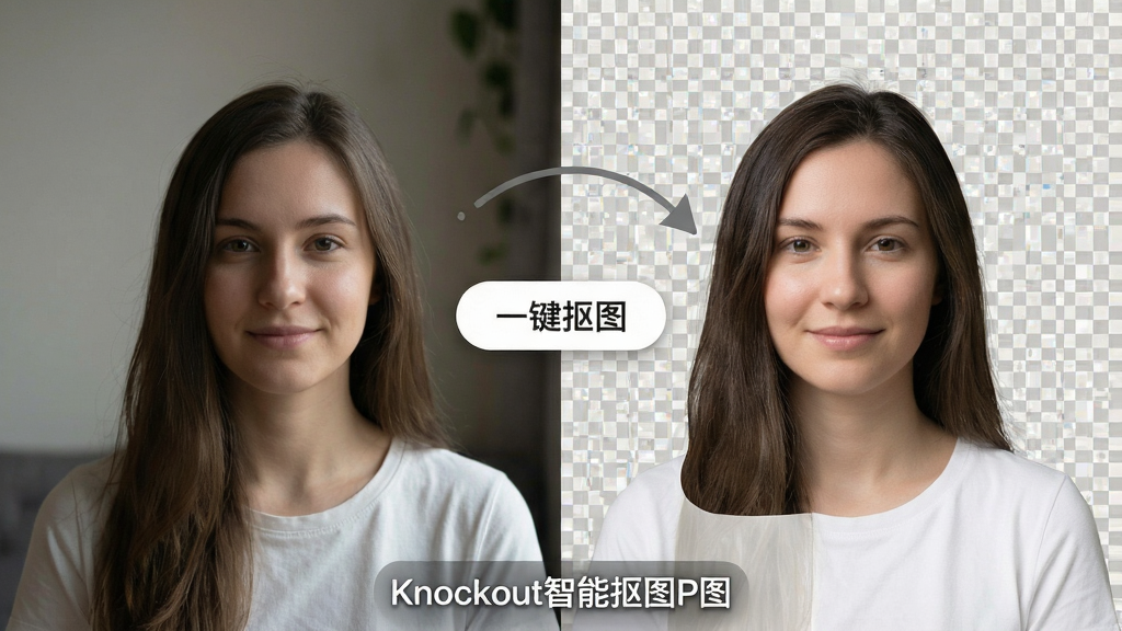主体:一张包含人物与人物的照片,一侧显示处理前原图,另一侧显示点击Knockout智能抠图P图后背景变为透明,人物边缘发丝细节完美保留。布局:左右对比视图,中间有“一键抠图”按钮。排版:简洁明了,突出对比效果。风格:真实摄影照片风格,光影自然。细节:照片底部标注“Knockout智能抠图P图”字样。画质:高清无损,干净,无多余元素。