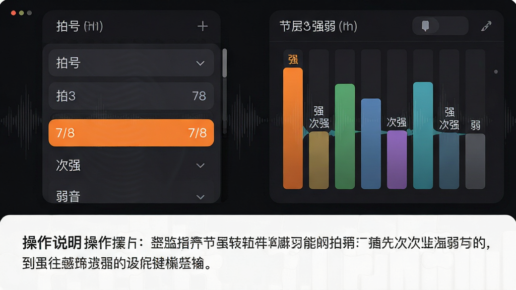 主体:乐器节拍器软件功能界面拼接图,左侧展示拍号选择下拉菜单,右侧展示节拍强弱波形设置面板。布局:上下结构,上部为功能演示区域,下部为操作说明文字区域。排版:界面设计采用深色主题,拍号列表清晰滚动,被选中的“7/8”拍号高亮为橙色,波形面板上用不同高度和颜色的柱状条表示重音、次重音与弱音。风格:现代扁平化UI设计风格,界面元素圆润。细节:柱状条上标注着“强”、“次强”、“弱”的文字提示,背景有细微的声波波纹装饰。画质:高清晰度,界面截图干净整洁,无多余图标干扰,整体传达出专业且易用的感觉。