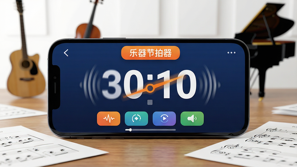 主体:一款名为“乐器节拍器”的智能手机应用界面特写,手机横屏放置于木质桌面上,屏幕正中央显示大大的节拍数字与摆动动画。布局:手机占据画面中心,周围点缀着模糊的乐器剪影,如吉他、小提琴、钢琴轮廓,桌面上散落着几页乐谱。排版:界面清晰显示“乐器节拍器”应用名称在高亮状态,节拍数值以超大字体突出,下方有彩色功能按钮排列。风格:写实产品渲染风格,结合干净简洁的音乐工作室背景,光线明亮柔和。细节:屏幕中节拍器指针呈现动态模糊感,暗示正在工作,界面色彩以深蓝与橙色点缀,功能图标线条流畅。画质:高清、细腻、充满专业音乐氛围,干净无多余元素。