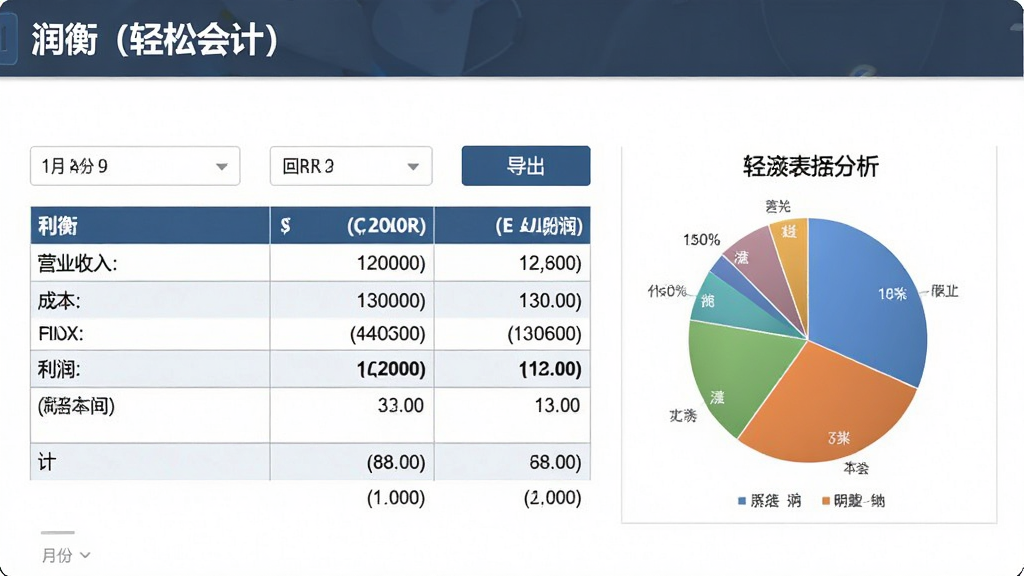 一张报表展示预览图,主体为“润衡(轻松会计)”生成的利润表页面,表格中显示营业收入、成本、利润等行次,旁边有图表分析饼图。布局为左右结构,排版清晰,风格为商务数据可视化风格,细节包括月份筛选器与导出按钮,画质锐利,干净无多余元素。