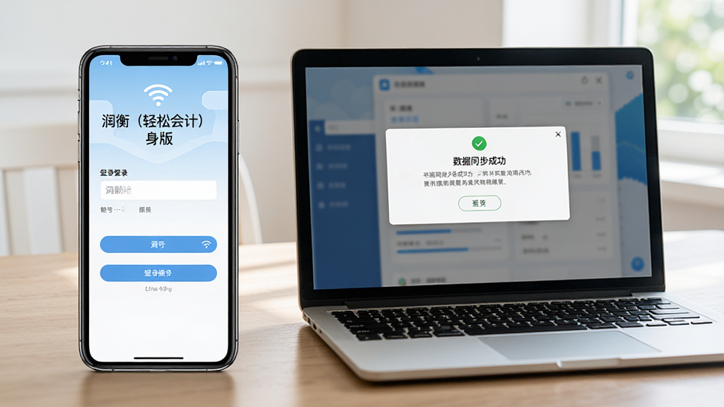 一张使用教程配图,主体为手机屏幕显示“润衡(轻松会计)随身版”的登录界面,旁边摆放一台笔记本电脑,屏幕上显示数据同步成功的提示框。布局为左右分屏式构图,排版平衡,风格为生活化场景写实风,细节包括账号输入框和Wi-Fi图标,画质明亮清晰,干净无多余元素。