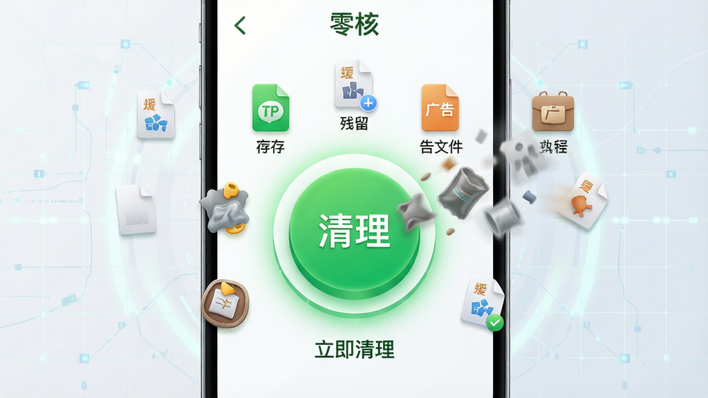 主体:手机屏幕展示“零核”的垃圾清理界面,一个大大的圆形清理按钮位于中央,周围是各类垃圾文件图标如缓存、残留、广告文件等,正在被吸入按钮中。布局:手机居中,背景是简洁的科技感网格,按钮下方有“立即清理”字样。排版:中心对称,图标大小错落有致。风格:拟物与扁平结合,色彩鲜明,绿色为主调。细节:垃圾图标逐渐消失,按钮周围有微光效。画质:高分辨率,细节丰富,画面干净,无多余元素。