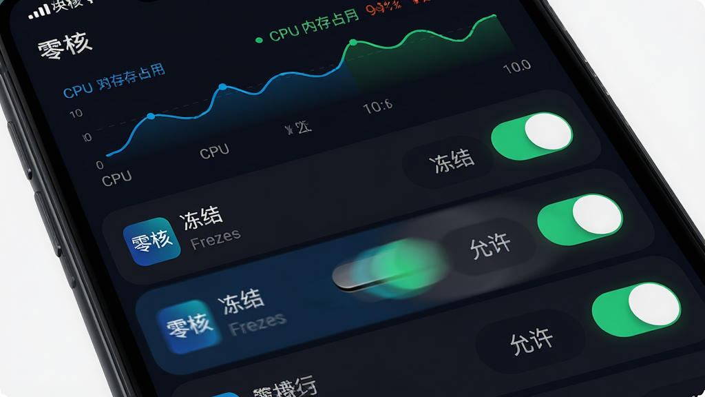 主体:手机屏幕显示“零核”的进程管理界面,以列表形式展示当前运行的进程,每个进程右侧有“冻结”或“允许”的开关按钮。布局:列表清晰,顶部有CPU与内存占用率实时曲线图。排版:信息层级分明,开关按钮颜色醒目。风格:深色主题,科技蓝与绿色点缀。细节:某个进程被滑动冻结,产生动态模糊效果。画质:高清,细节锐利,干净,无多余元素。