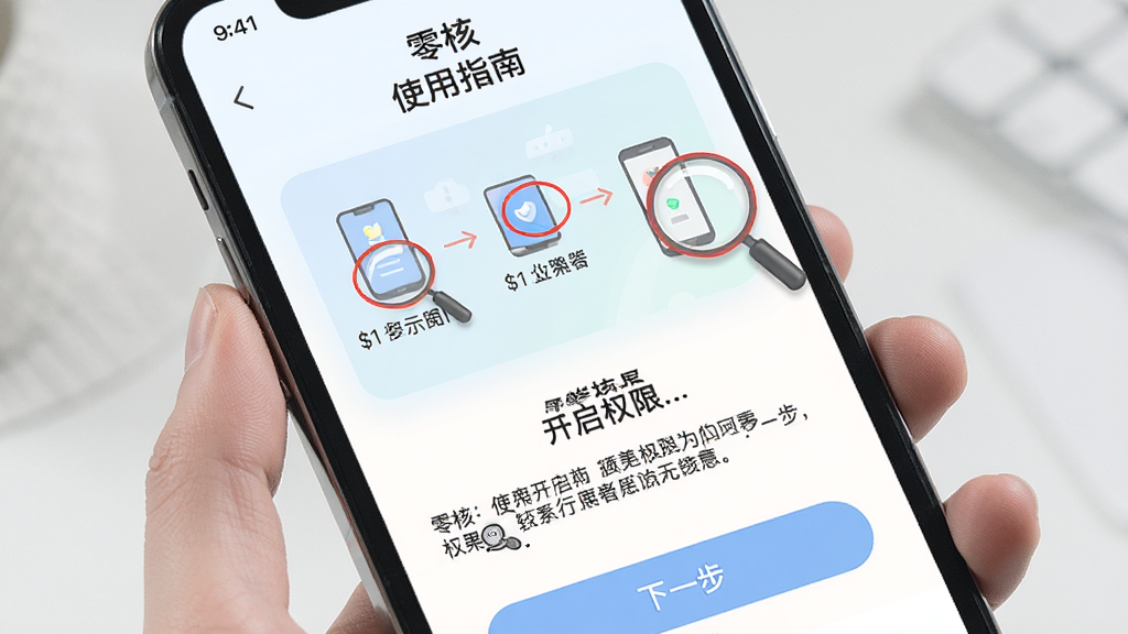 主体:手机屏幕展示“零核”的“使用指南”界面,以图文步骤形式展示如何开启权限。布局:上方为步骤示意图,下方为文字说明,配以“下一步”按钮。排版:清晰有序,图片占主导。风格:教学风格,柔和色彩。细节:关键位置用红色圆圈标注,并配有放大镜图标。画质:高清晰度,画面干净,无多余元素。