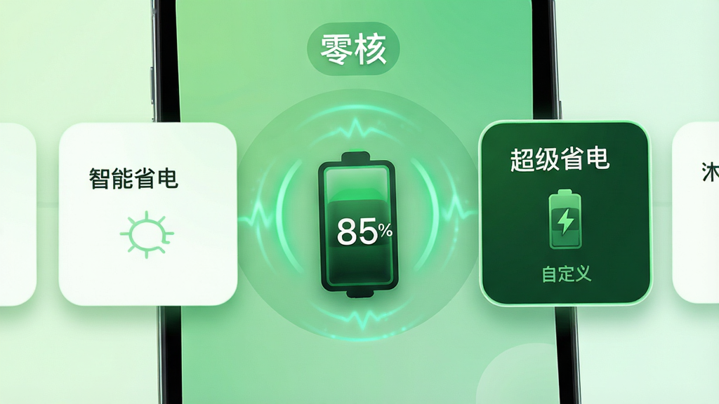 主体:手机屏幕显示“零核”的省电模式界面,中央是电池图标,电量百分比显示为85%,周围环绕三种省电模式卡片:“智能省电”“超级省电”“自定义”。布局:卡片式设计,横向排列。排版:简洁清晰,电池图标带有脉冲动态光效。风格:清新绿色调,圆角卡片,柔和阴影。细节:选中“超级省电”模式时卡片高亮,电池图标颜色变深。画质:高质量渲染,色彩通透,画面干净,无多余元素。