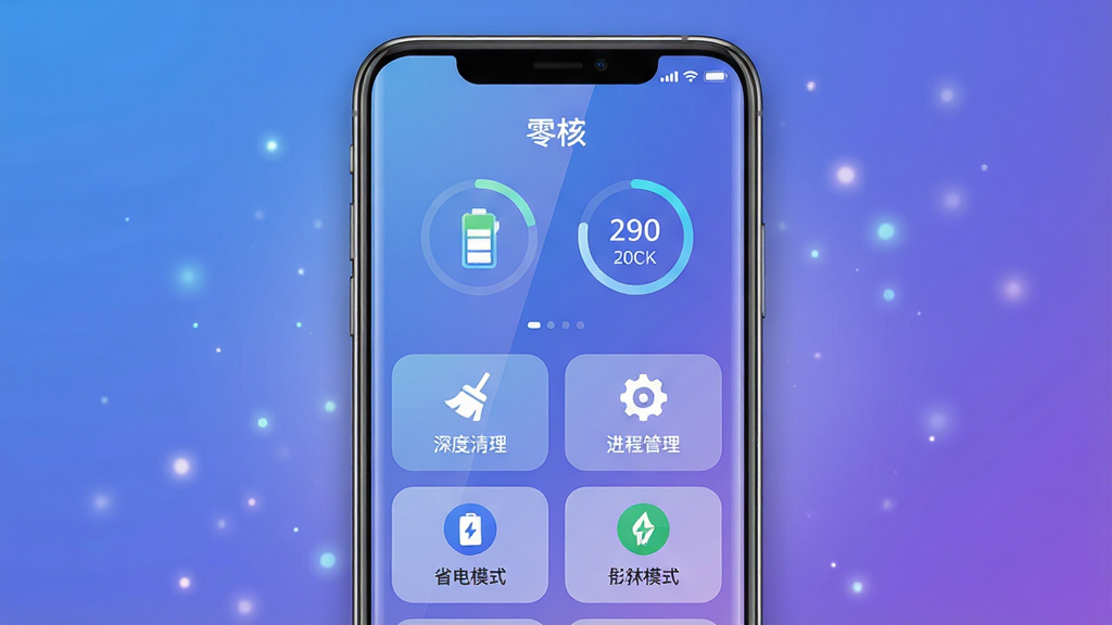 主体:一部智能手机屏幕显示“零核”应用主界面,界面风格简洁现代,背景为渐变蓝紫色。布局:手机居中,界面元素清晰可见,上方为电池与清理进度环形图标,下方为功能按钮网格排列。排版:扁平化UI设计,图标圆润,文字标签“深度清理”“进程管理”“省电模式”等清晰可辨。风格:科技感、干净、明亮。细节:屏幕反光,手机边缘有细微阴影,背景有柔和的粒子光效。画质:超高清,渲染精细,干净,无多余元素。