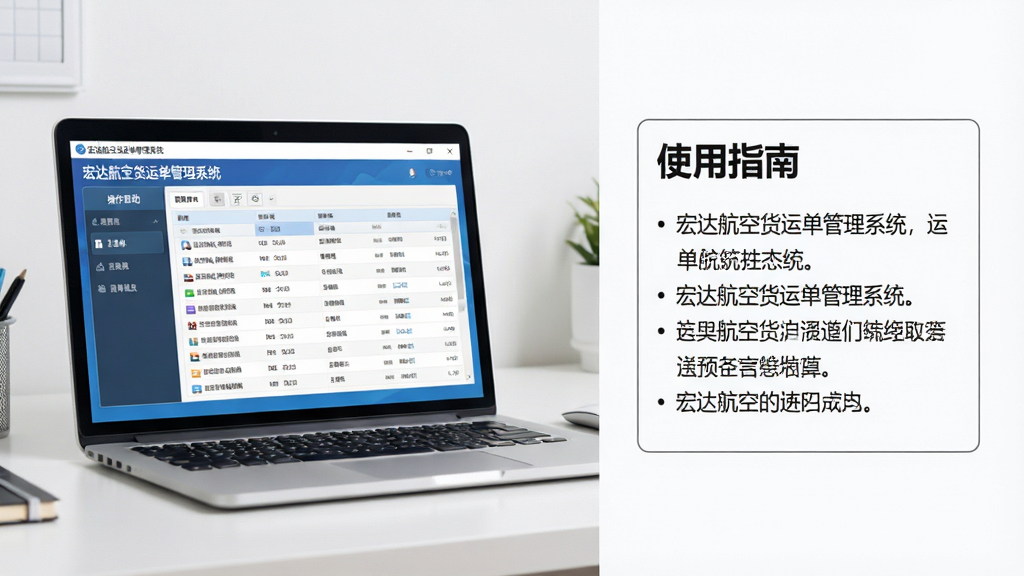 主体:一台笔记本电脑上运行着宏达航空货运单管理系统,屏幕显示操作帮助界面或运单列表。布局:电脑偏左放置,右侧留白处有文字说明框。排版:整个画面分为左右两段,左为电脑屏幕,右为文字要点。风格:清爽的办公桌面,背景简洁。细节:电脑屏幕中可以看到“宏达航空货运单管理系统”窗口,右侧有“使用指南”标题。画质:清晰,干净,无多余元素