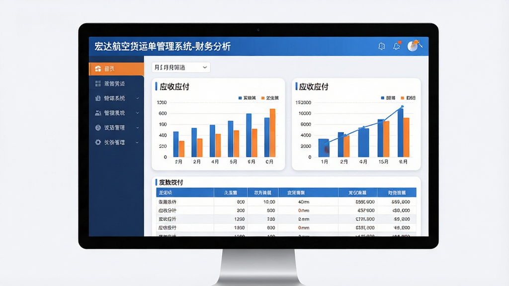 主体:宏达航空货运单管理系统中的财务统计报表页面,以柱状图和表格展示数据。布局:电脑屏幕居中,屏幕左侧是功能菜单,右侧展示应收应付的统计图表。排版:报表区域使用圆角卡片设计,图表与数据列表相结合。风格:商务数据可视化风格,蓝色与橙色搭配。细节:屏幕上方标题为“宏达航空货运单管理系统-财务分析”,下方有月份筛选器。画质:高分辨率,干净,无多余元素