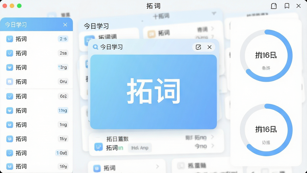 一张展示拓词软件主界面的高清截图,界面中央显示今日学习单词卡片,卡片上写着“拓词”,背景为浅蓝色渐变,四周有单词列表和进度环,布局简洁大方,风格现代清新,细节刻画清晰,画质干净无多余元素