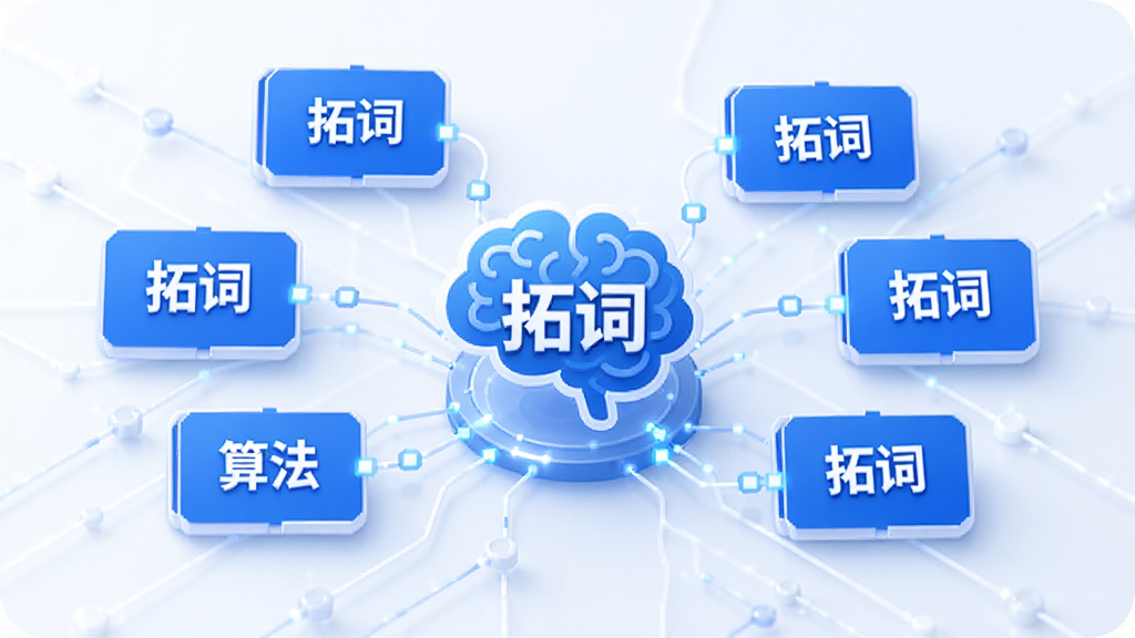 拓词智能记忆算法示意图,画面中有一个大脑图标连接着多个单词卡片,卡片上标注“拓词”,整体采用蓝白配色,布局清晰,风格科技感,细节丰富,画质干净无多余元素