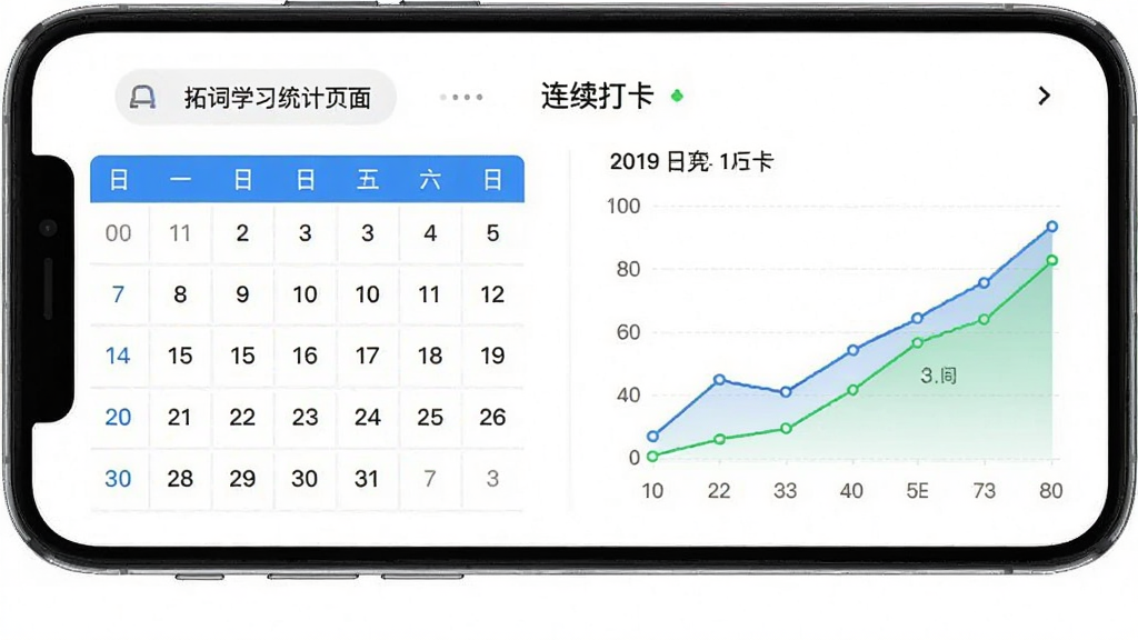 拓词学习统计页面,手机界面中显示连续打卡日历和折线图,背景为白色,图表用蓝色和绿色绘制,布局简洁,风格干净,细节清晰,画质高无多余元素