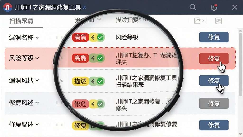主体:放大展示川师IT之家漏洞修复工具的扫描结果列表,每行包含漏洞名称、风险等级、描述和修复按钮。布局:列表清晰排列,部分行高亮显示高危漏洞。排版:文字对齐规整,风险等级用红黄绿颜色标识。风格:专业工具类软件截屏风格。细节:红色高危标签突出显示,鼠标指针悬停在修复按钮上。画质:清晰锐利、干净、无多余元素。