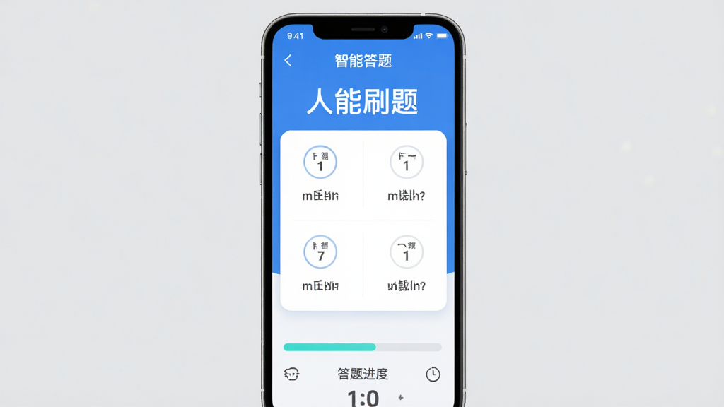 画面中央展示一款名为“人人答题”的手机应用界面,界面以蓝色为主色调,顶部显示“智能刷题”字样,中间是四选一选择题样式,下方有答题进度条和计时器,背景为浅灰色,整体风格清爽简洁,高清渲染,干净无多余元素。