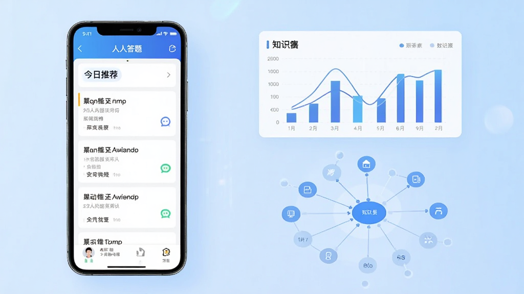 图片展示“人人答题”应用的智能题库推荐功能,左侧为手机界面,右侧有数据图表和知识点网络图,手机屏幕上显示“今日推荐”栏目,列出几道题目标题,背景为浅蓝色渐变,构图清晰,科技感强,画质高清,干净整洁。