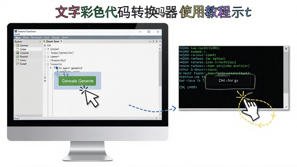 文字彩色代码转换器使用教程示意图,主体为电脑屏幕截图,布局展示软件界面与CMD窗口对比效果,排版清晰,风格写实,细节显示鼠标点击生成按钮与复制操作,画质干净,无多余元素