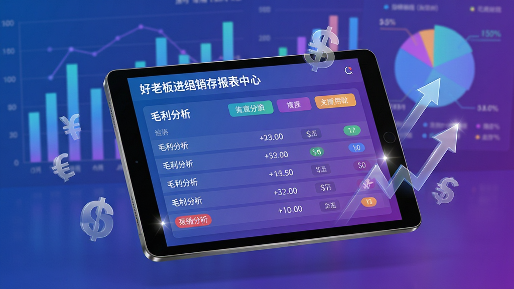 主体:好老板进销存报表中心界面,背景是动态数据图表(柱状图与饼图)。布局:中央放置一台平板电脑,屏幕展示毛利分析报表,周围漂浮着货币符号与增长箭头。排版:图表数据与彩色标签整齐排列。风格:科技感商务风,蓝紫渐变主色调。细节:平板边缘有金属质感,图表有高光点缀,货币符号半透明。画质:高清,干净,无多余元素。