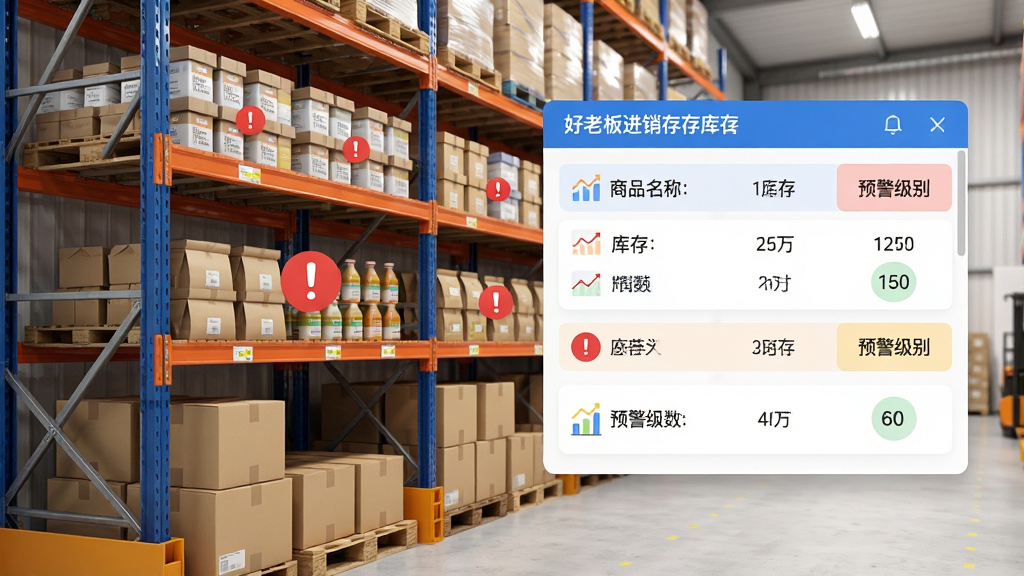 主体:好老板进销存库存预警界面,以仓库货架为背景,货架部分商品有红色感叹号标记。布局:左侧是仓库实景,右侧悬浮预警列表窗口。排版:列表清晰显示商品名称、库存数、预警级别。风格:写实与UI结合,色调明亮。细节:货架底层有纸箱,上层货品整齐,预警窗口有图表小图标。画质:高清,干净,无多余元素。