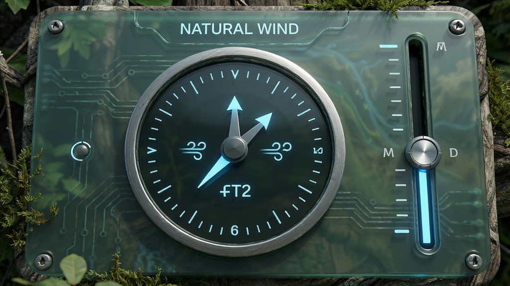 Natural Wind风速调节功能演示,主体为调节面板特写,中央为圆形的方向罗盘,右侧竖向风速滑杆,布局简洁明了,风格科技感与自然感融合,细节显示当前风速数值与风向箭头,画质精细干净,无多余元素,界面文字标注“Natural Wind”