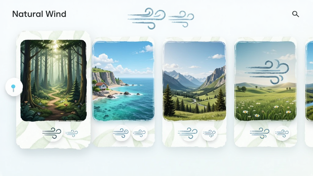 Natural Wind多场景选择界面,主体为横向排列的卡片式场景缩略图,包含森林、海边、山谷、草原图标,布局采用左右滑动设计,排版整齐,风格清新自然,细节展示每个场景的微缩景观与风感标识,画质细腻干净,无多余元素,界面文字标注“Natural Wind”