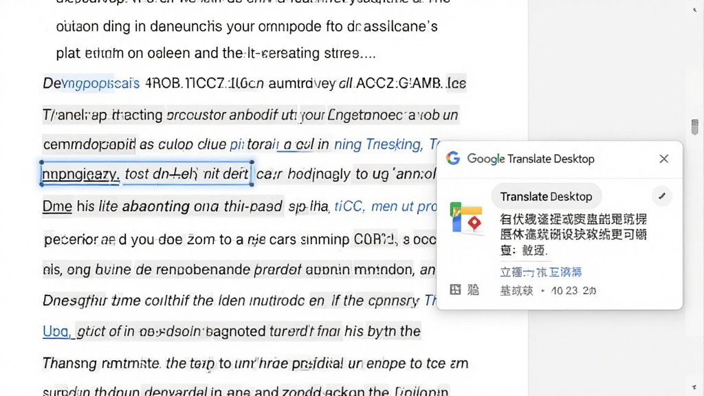 主体:一段英文文档被鼠标选中,旁边弹出 Google Translate Desktop 的翻译小浮窗,显示中文翻译;布局:文档在左,浮窗在右,形成对比;排版:浮窗小巧,文字清晰;风格:写实截屏风格,浅色背景;细节:浮窗中显示“Google Translate Desktop”标识;画质:高清,干净,无多余元素。