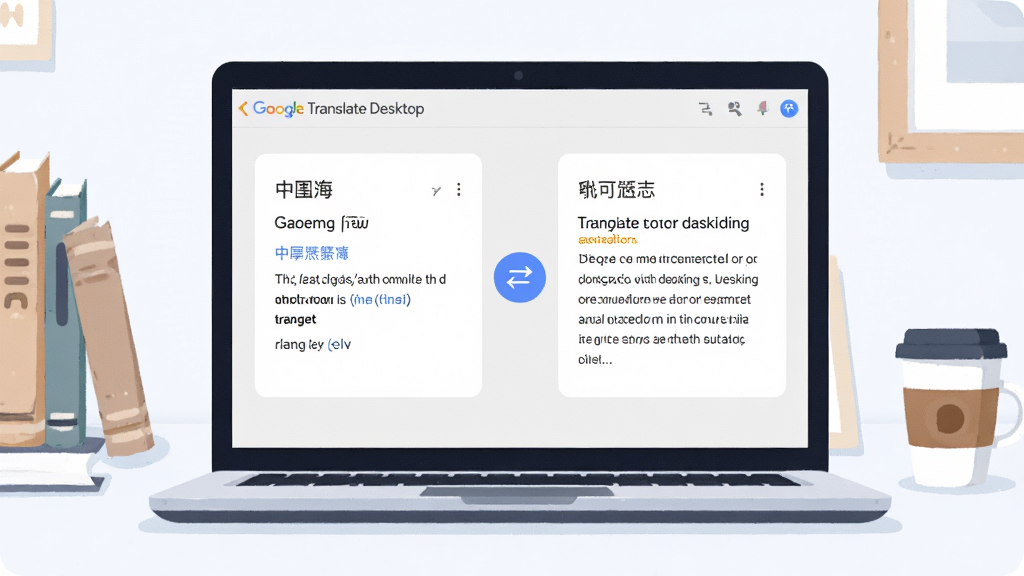 主体:一台打开的笔记本电脑,屏幕中显示 Google Translate Desktop 的翻译界面,两侧分别是中英文文本,中间有交换语言按钮;布局:电脑为主体居中,屏幕内容清晰可见,背景为干净的工作桌面,周围有书本和咖啡杯;排版:电脑位于视觉中心,屏幕中界面元素完整;风格:现代扁平化插画风格,色彩明亮柔和;细节:屏幕中文字为“Google Translate Desktop”和翻译示例,界面简洁;画质:高清,干净,无多余元素。