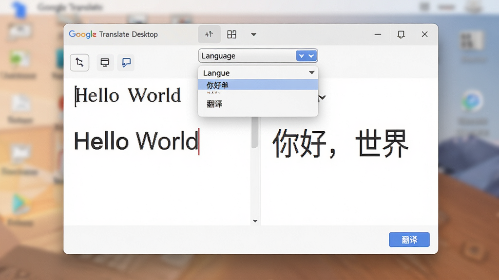 主体:Google Translate Desktop 的翻译窗口,左侧输入英文,右侧显示中文译文,正上方有语言下拉菜单;布局:窗口居中,左右分栏清晰,背景为浅色模糊的桌面;排版:窗口内文字排版整齐,语言列表展开;风格:写实UI截图风格,界面干净;细节:左侧英文“Hello World”,右侧中文“你好,世界”,底部有“翻译”按钮;画质:高清,干净,无多余元素。