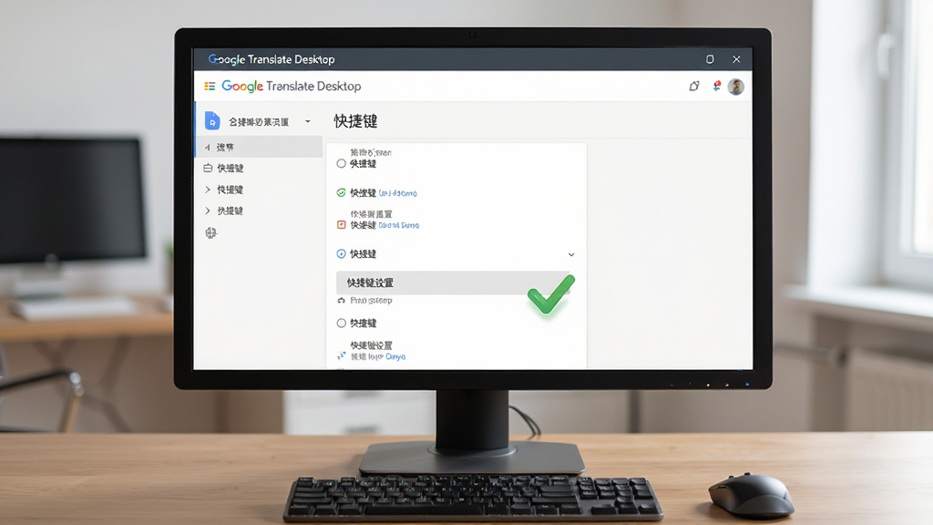 主体:一台电脑显示器显示 Google Translate Desktop 的设置界面,鼠标正在点击“快捷键设置”选项,旁边有对勾标识;布局:显示器居中,背景为整洁的办公桌,有键盘和鼠标;排版:设置界面清晰,选项完整;风格:写实数码产品风格,色彩自然;细节:屏幕中显示“Google Translate Desktop”和“快捷键”字样;画质:高清,干净,无多余元素。